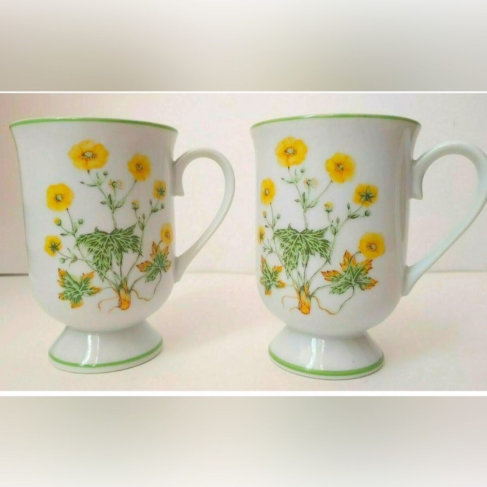 Set of 2 Vtg Sunrise Royal Domino Japan Yelllow Floral Porcelain Pedestal Mug